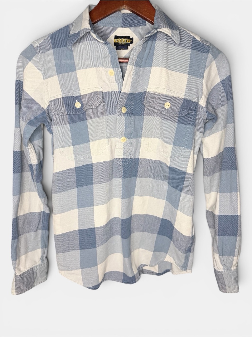 Ralph Lauren Rugby Blue & White Plaid Faux Button Down Shirt | Size XS